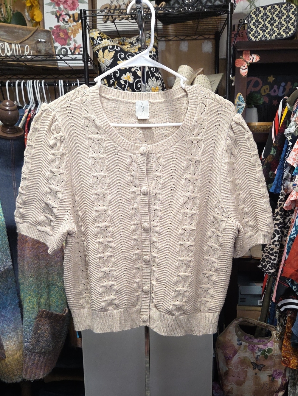 Joie Cream Short-Sleeve Knit Cardigan with Button Front